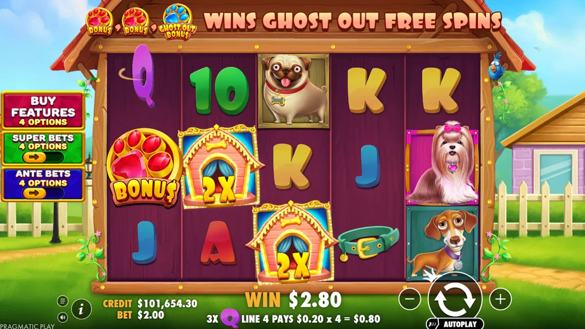 The Big Dog House by Pragmatic Play - main game interface showing 5x3 reel grid with dog symbols, dog house wild symbols with 2x multipliers, bonus paw symbol and wooden kennel background