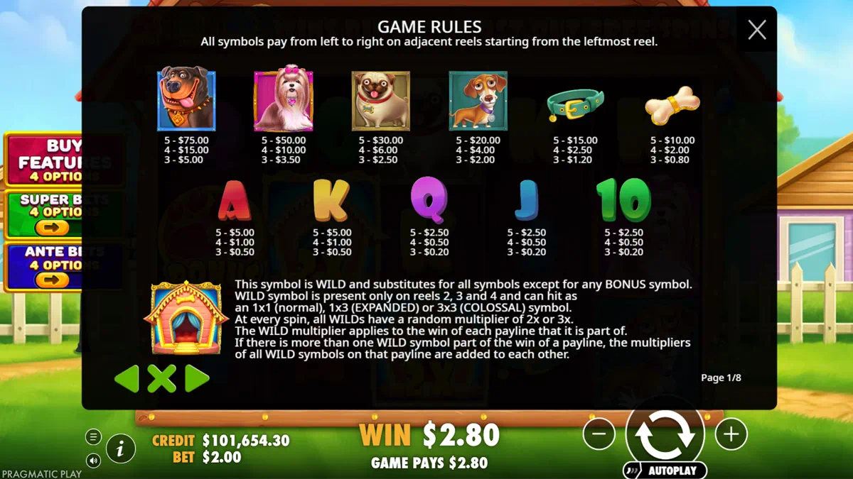 The Big Dog House paytable showing dog symbols including Rottweiler, Yorkshire Terrier, Pug, Beagle, dog collar, bone and card royals A K Q J 10 with their respective payout values