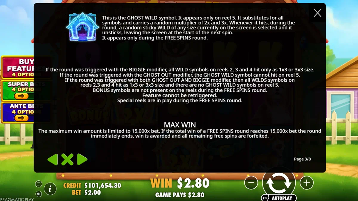 The Big Dog House special bets and buy free spins rules showing Super Spin options 1-4, Ante Bet options 1-4 with their bet multipliers and Buy Free Spins options at 100x, 200x and 500x