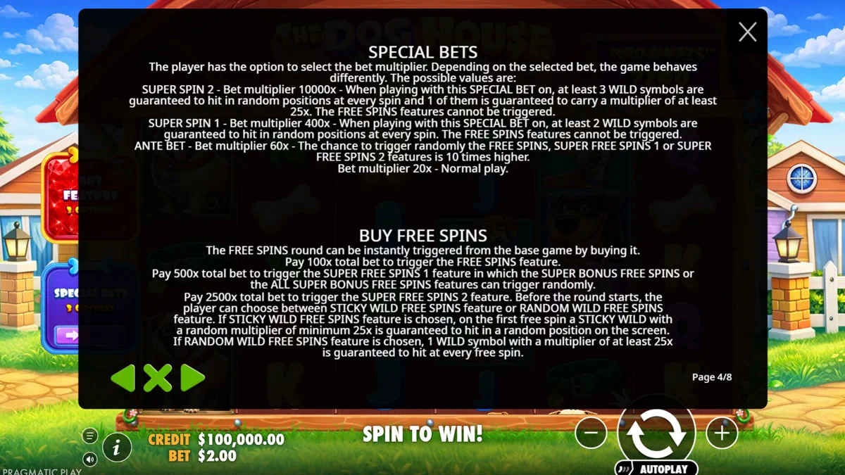 The Dog House Megaways 1000 buy feature menu