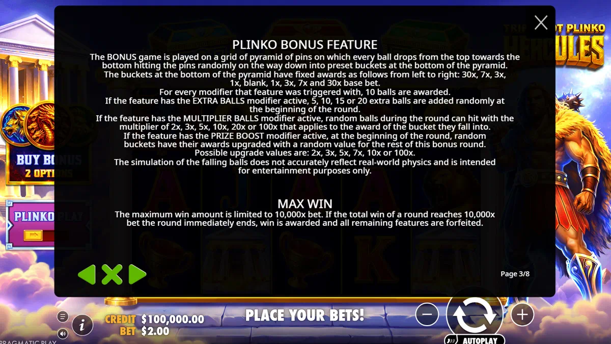 Triple Pot Plinko Hercules bonus feature rules page explaining the pyramid of pins, bucket values 30x 7x 3x 1x and modifier behaviours for Extra Balls Multiplier Balls and Prize Boost