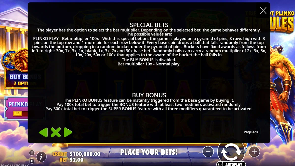 Triple Pot Plinko Hercules special bets and buy bonus rules page showing Plinko Play 100x bet multiplier mode and Buy Bonus options at 100x for two modifiers and 300x for super bonus with all three modifiers