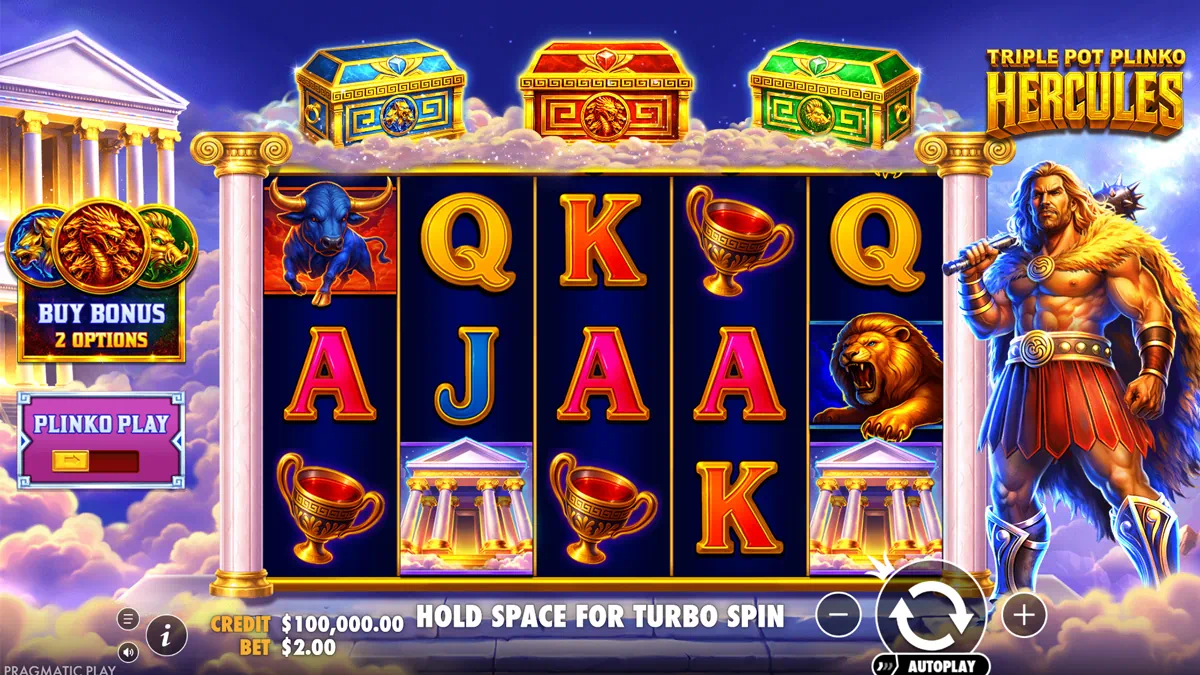 Triple Pot Plinko Hercules by Pragmatic Play – main game interface showing 5x3 reel grid with Greek mythology symbols, three glowing treasure chests above the reels and the Buy Bonus and Plinko Play panel