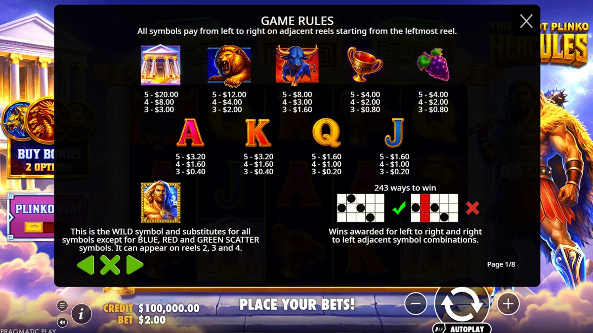 Triple Pot Plinko Hercules paytable showing Greek mythology symbols including temple, lion, bull, golden cup, grapes, card royals A K Q J and the Hercules wild symbol with their respective payout values