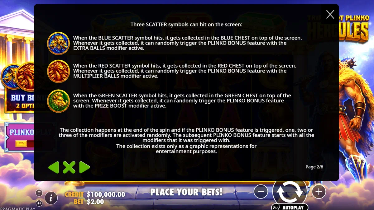 Triple Pot Plinko Hercules scatter symbol rules page explaining the three coloured scatters - Blue Cerberus for Extra Balls, Red Dragon for Multiplier Balls and Green Boar for Prize Boost modifier
